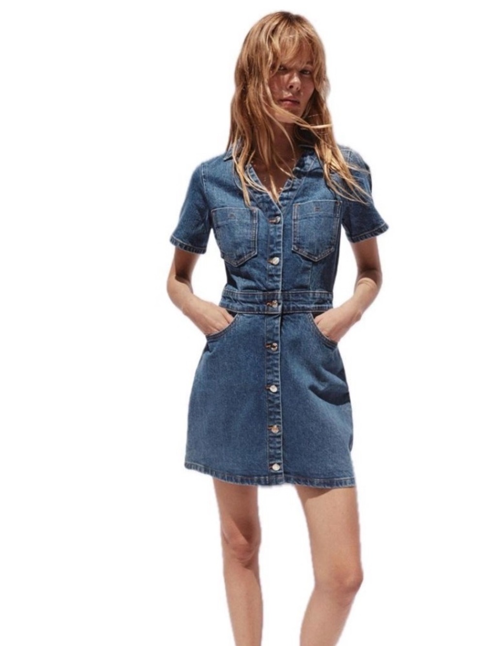 ZARA Button-Front Short Sleeve Denim Dress - Blue